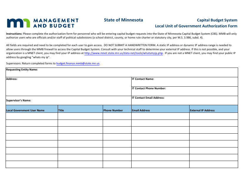Capital Budget System Local Unit of Government Authorization Form - Minnesota Download Pdf