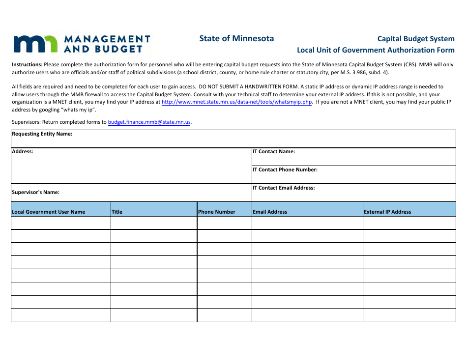 Capital Budget System Local Unit of Government Authorization Form - Minnesota, Page 1