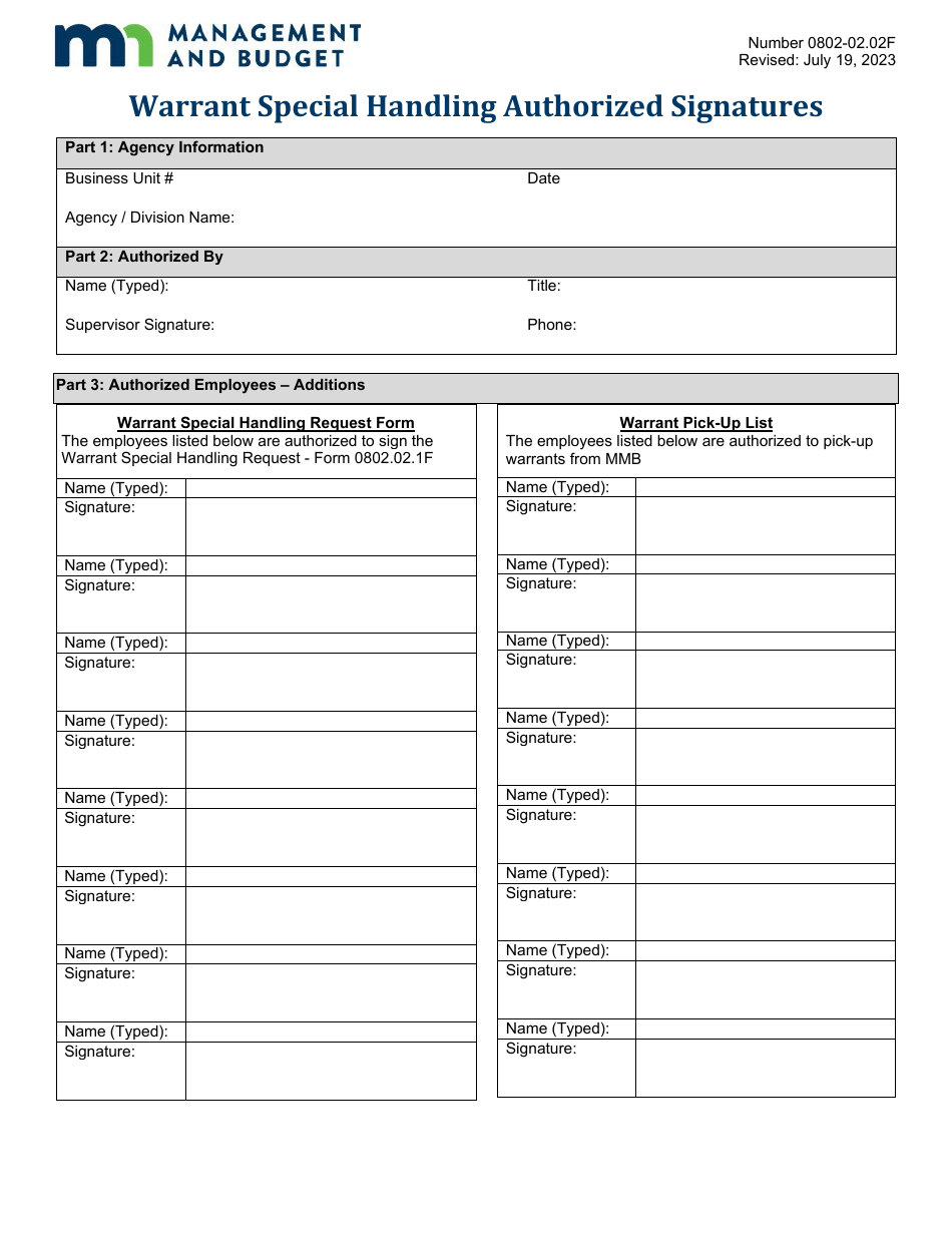 Minnesota Warrant Special Handling Authorized Signatures Fill Out