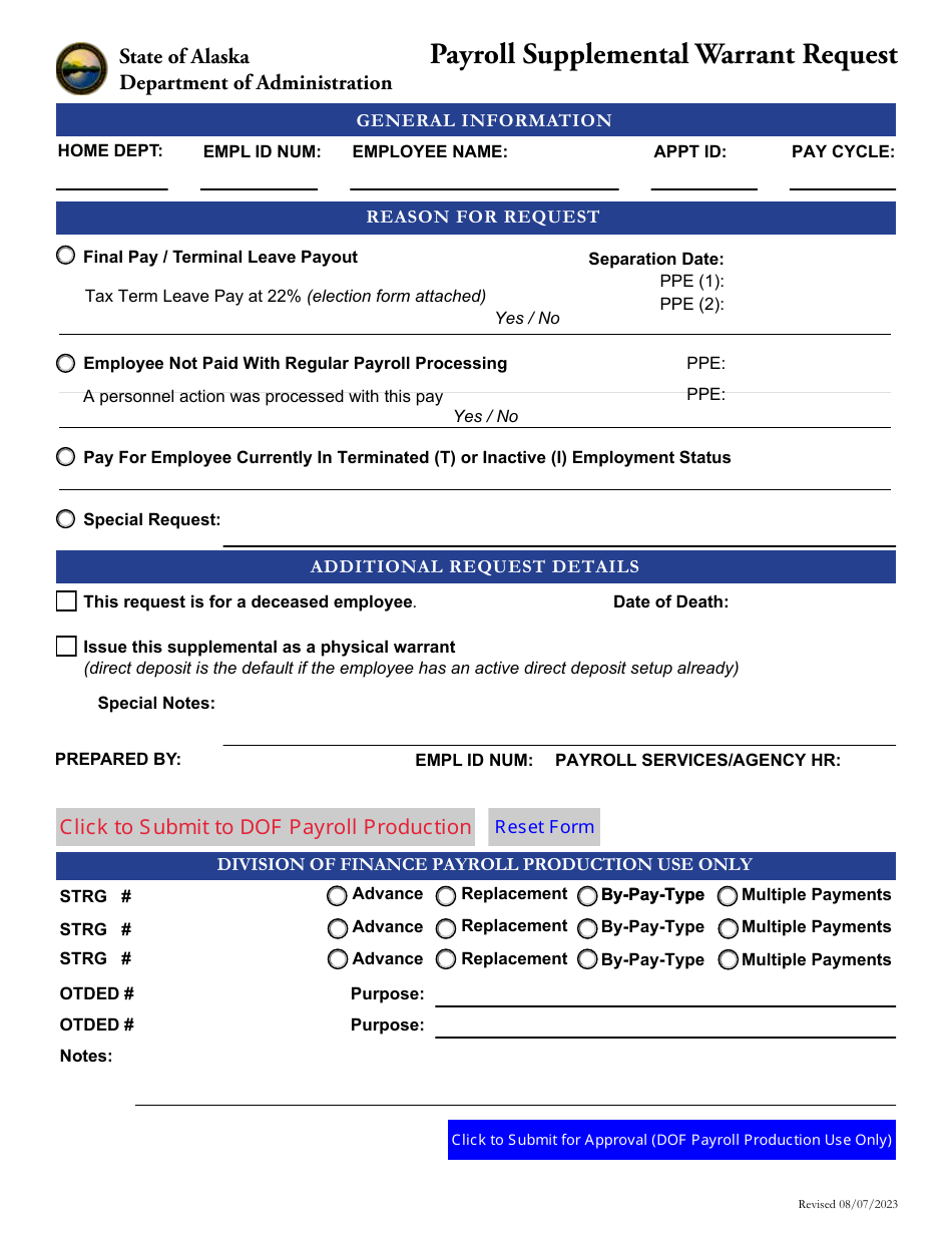 Alaska Payroll Supplemental Warrant Request Download Fillable PDF 2022
