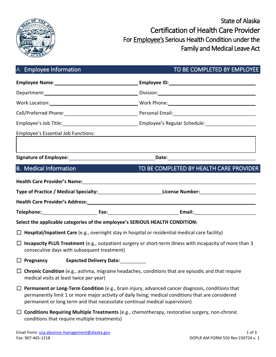 DOPLR AM Form 550 Certification of Health Care Provider for Employees Serious Health Condition Under the Family and Medical Leave Act - Alaska, Page 1