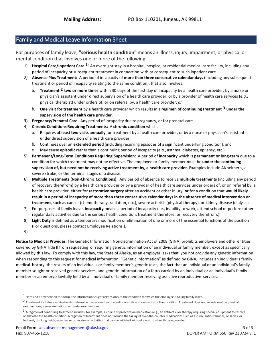 DOPLR AM Form 550 Certification of Health Care Provider for Employees Serious Health Condition Under the Family and Medical Leave Act - Alaska, Page 3