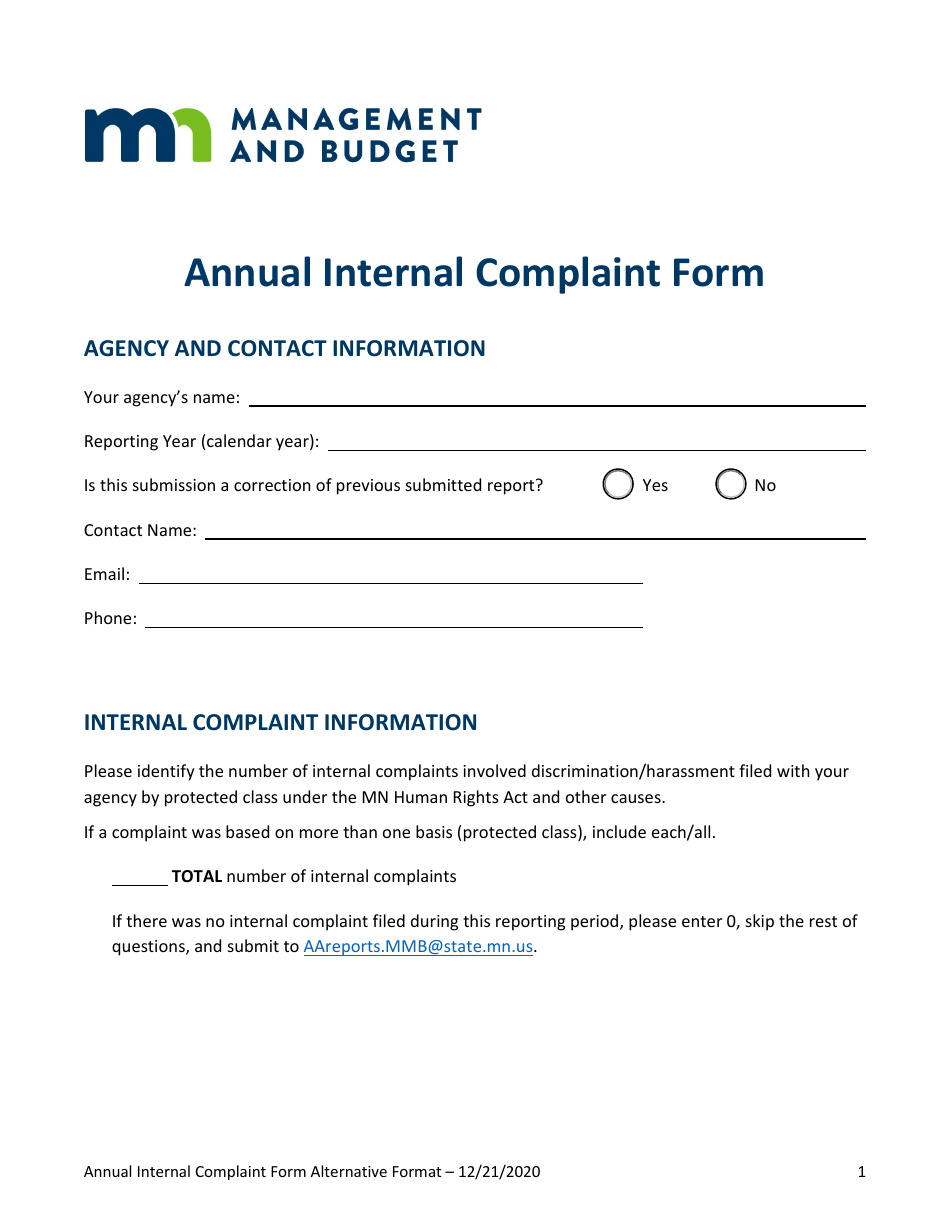 Annual Internal Complaint Form - Minnesota, Page 1