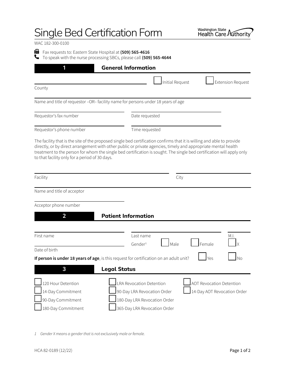 Form HCA820189 Download Fillable PDF or Fill Online Single Bed