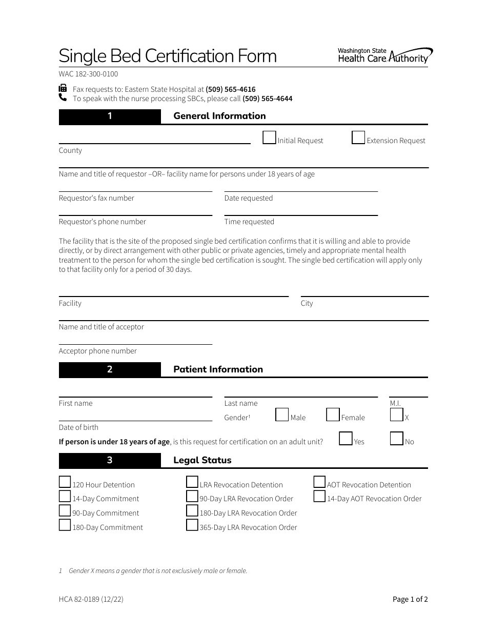 Form HCA82-0189 Single Bed Certification Form - Eastern State Hospital - Washington, Page 1