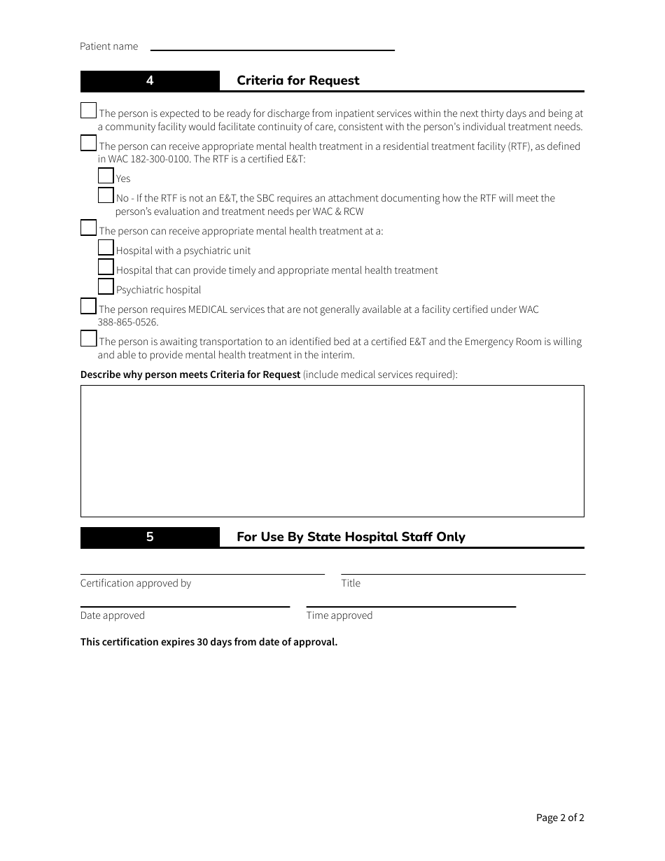 Form HCA82-0189 Single Bed Certification Form - Eastern State Hospital - Washington, Page 2