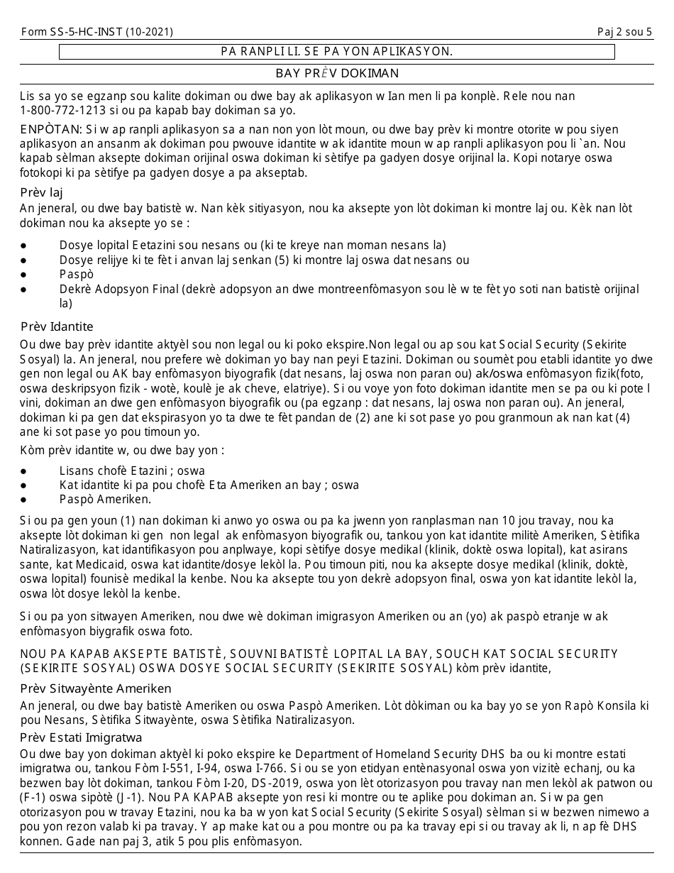 Instructions for Form SS-5 Application for a Social Security Card (Haitian Creole), Page 2