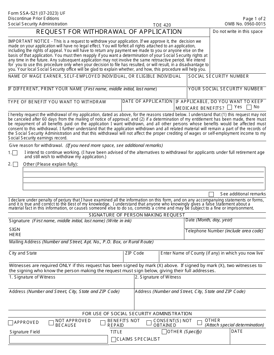 Form SSA-521 Request for Withdrawal of Application, Page 1