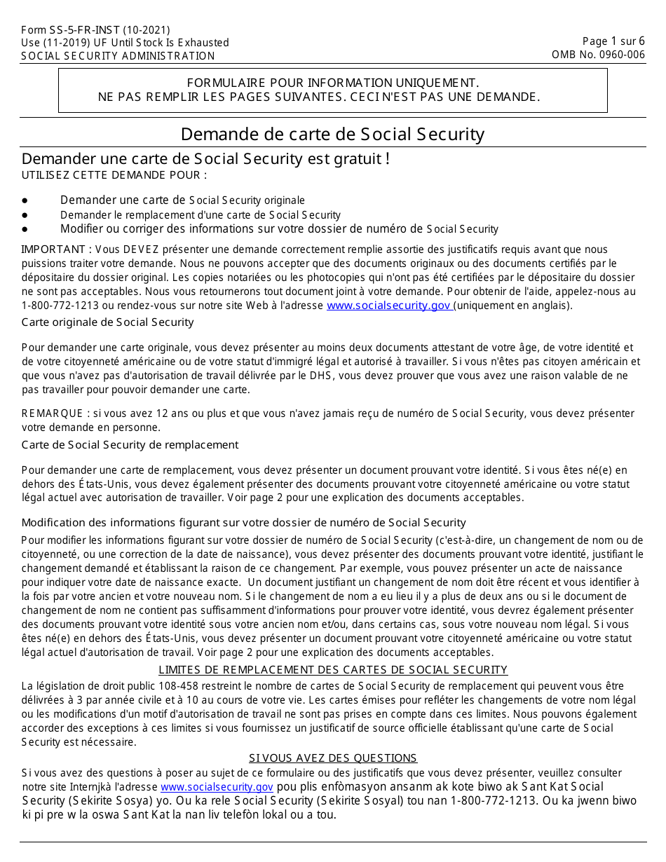 Instructions for Form SS-5 Application for a Social Security Card (French), Page 1