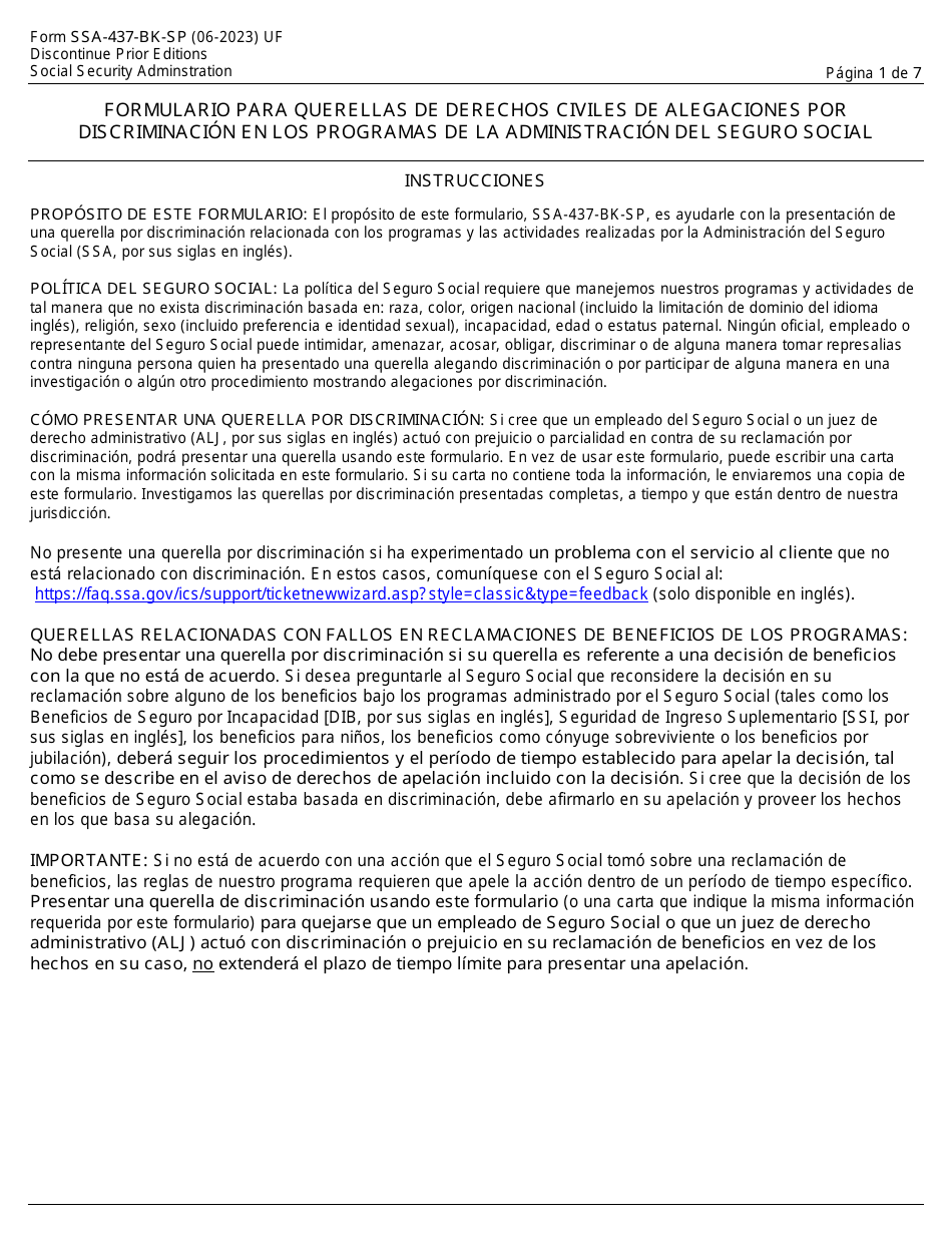 Formulario SSA-437-BK-SP Formulario Para Querellas De Alegaciones De Discriminacion En Los Programas De La Administracion Del Seguro Social (Spanish), Page 1
