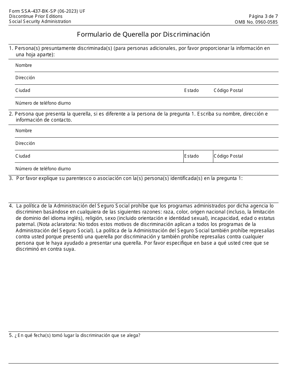 Formulario SSA-437-BK-SP Formulario Para Querellas De Alegaciones De Discriminacion En Los Programas De La Administracion Del Seguro Social (Spanish), Page 3