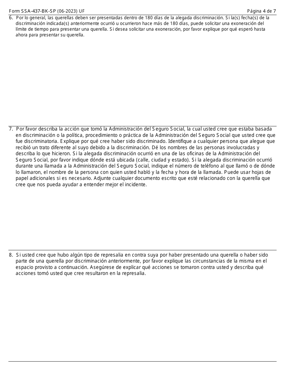 Formulario SSA-437-BK-SP Formulario Para Querellas De Alegaciones De Discriminacion En Los Programas De La Administracion Del Seguro Social (Spanish), Page 4