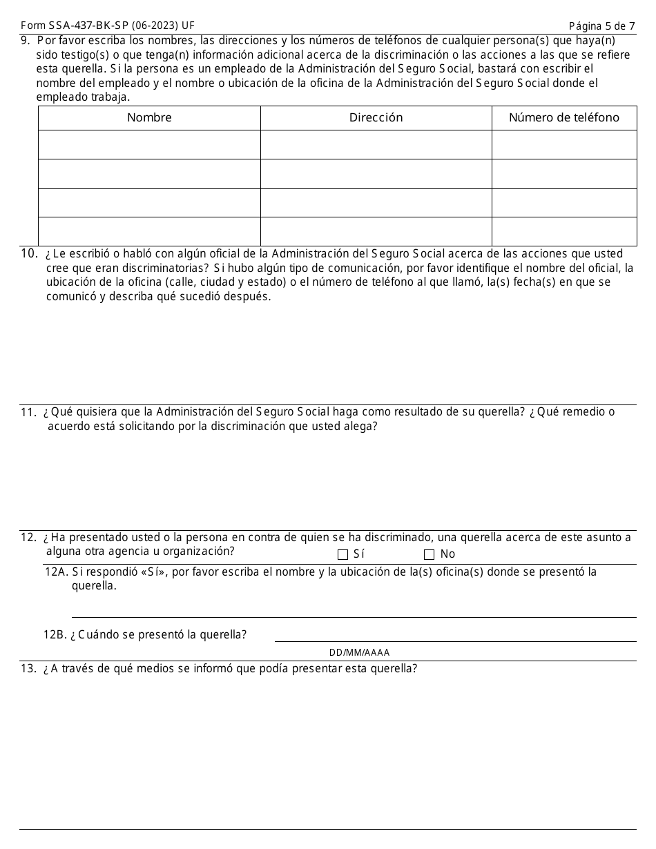 Formulario SSA-437-BK-SP Formulario Para Querellas De Alegaciones De Discriminacion En Los Programas De La Administracion Del Seguro Social (Spanish), Page 5