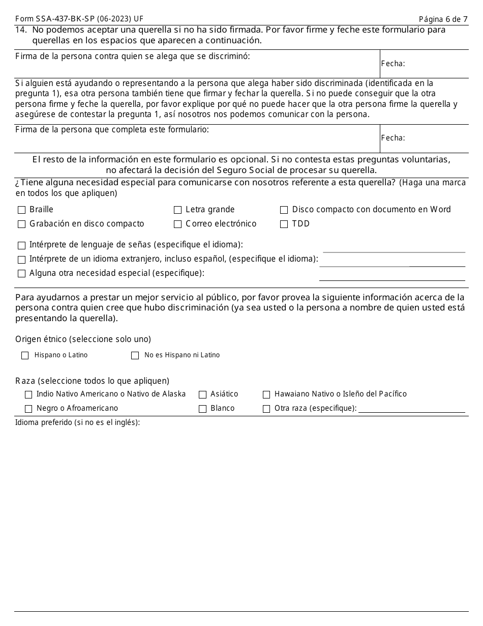 Formulario SSA-437-BK-SP Formulario Para Querellas De Alegaciones De Discriminacion En Los Programas De La Administracion Del Seguro Social (Spanish), Page 6