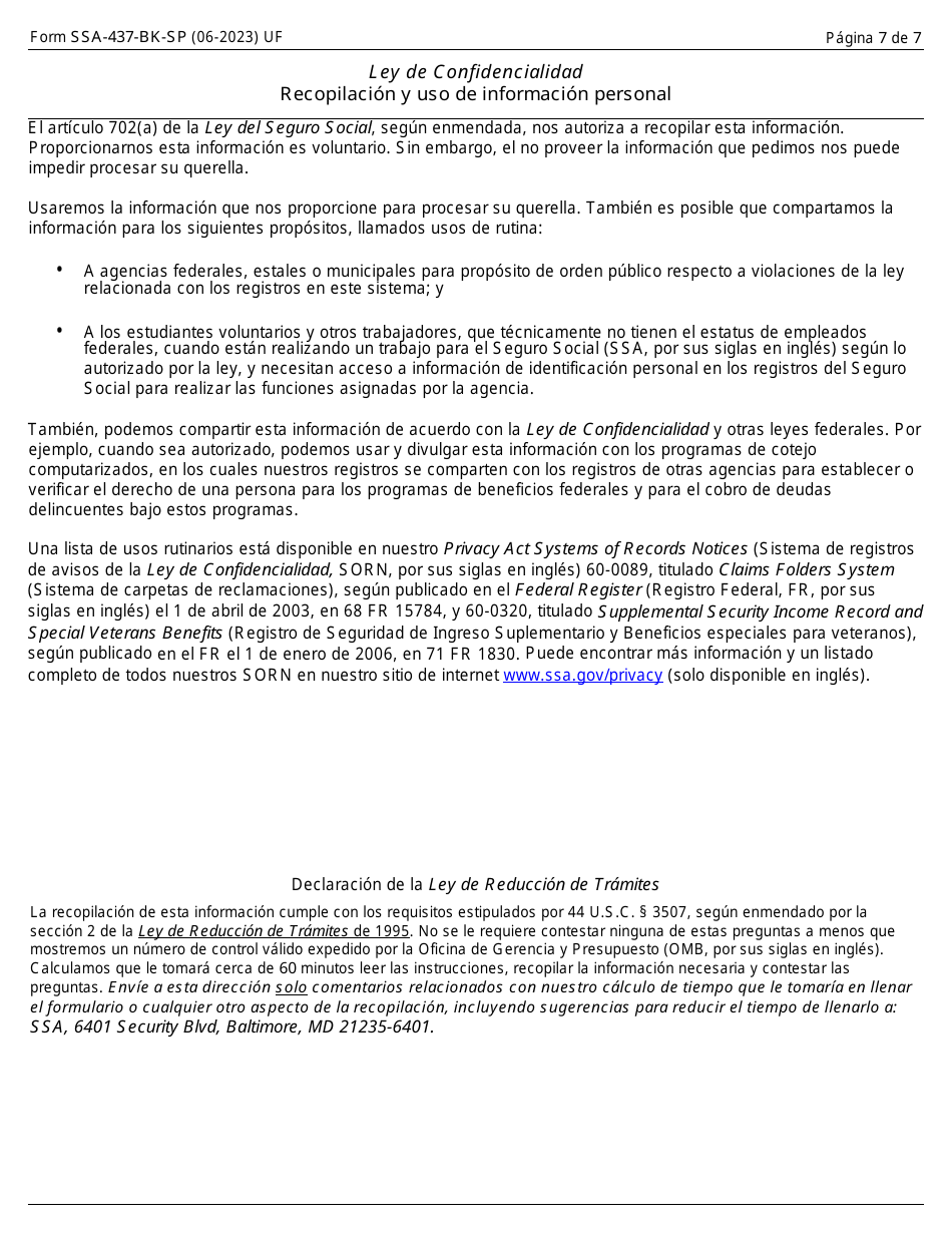 Formulario SSA-437-BK-SP Formulario Para Querellas De Alegaciones De Discriminacion En Los Programas De La Administracion Del Seguro Social (Spanish), Page 7