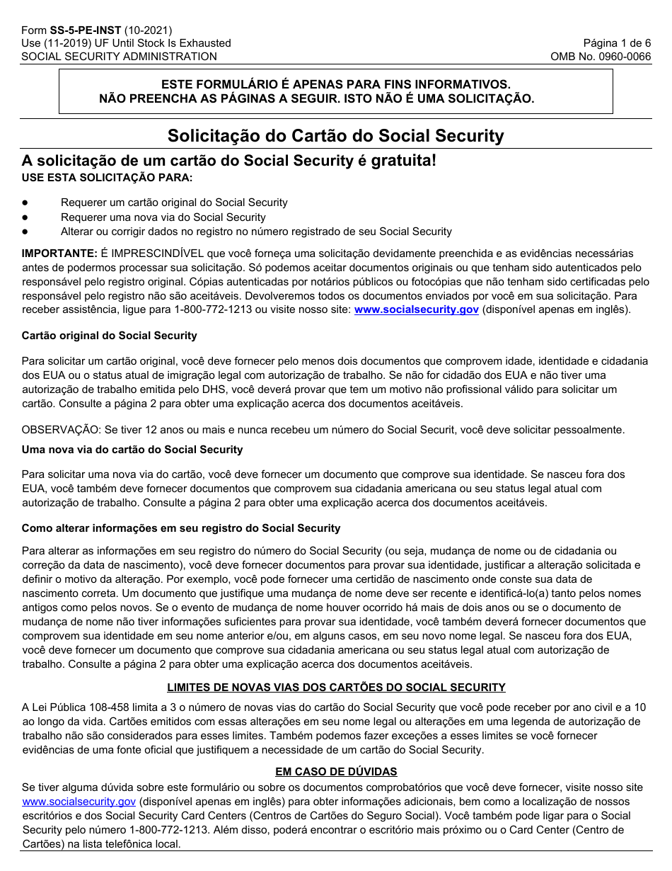 Instructions for Form SS-5-PE Application for a Social Security Card (Portuguese), Page 1