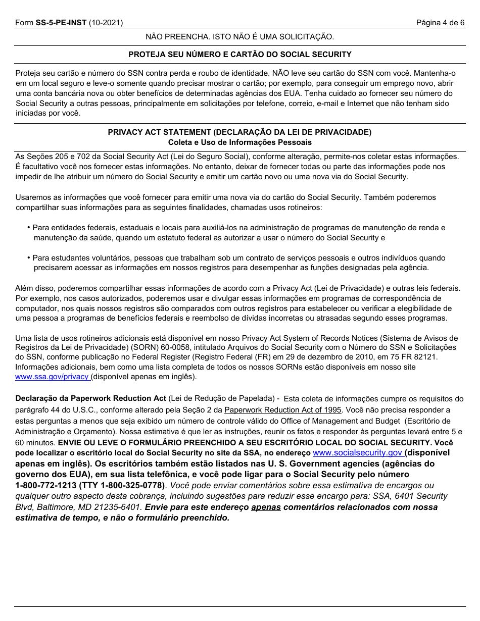 Instructions for Form SS-5-PE Application for a Social Security Card (Portuguese), Page 4