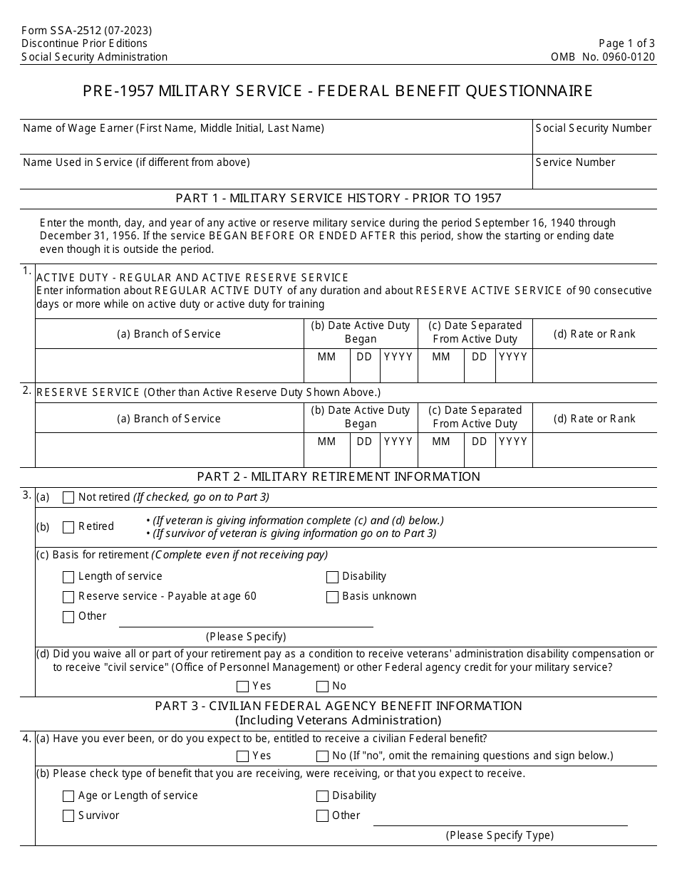 Form SSA-2512 Pre-1957 Military Service - Federal Benefit Questionnaire, Page 1