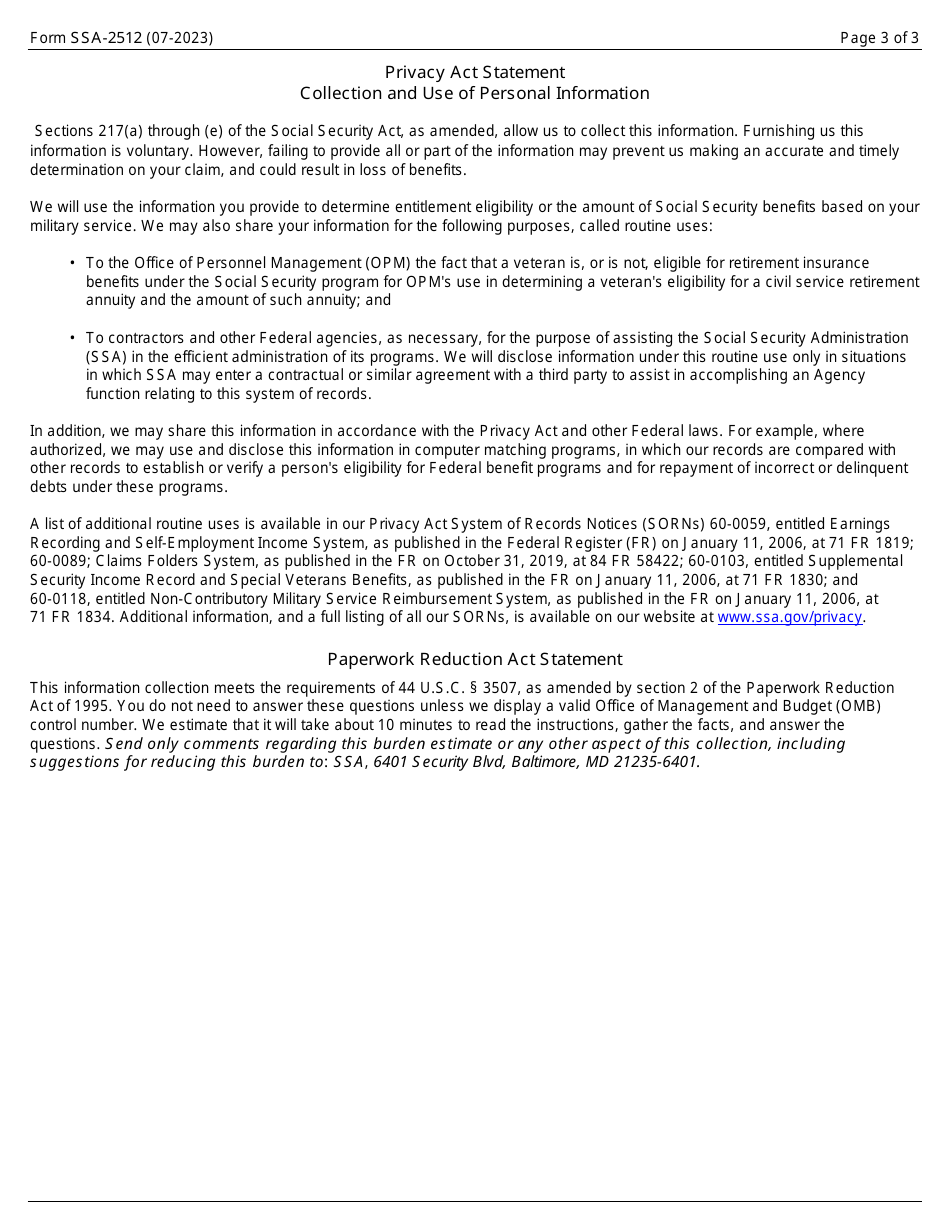 Form SSA-2512 Pre-1957 Military Service - Federal Benefit Questionnaire, Page 3