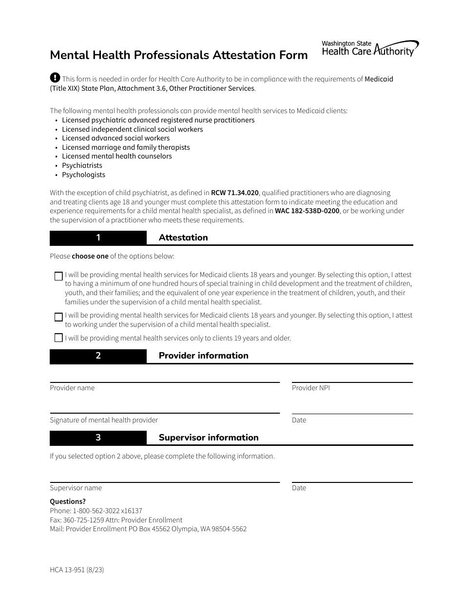 Form HCA13-951 Mental Health Professionals Attestation Form - Washington, Page 1