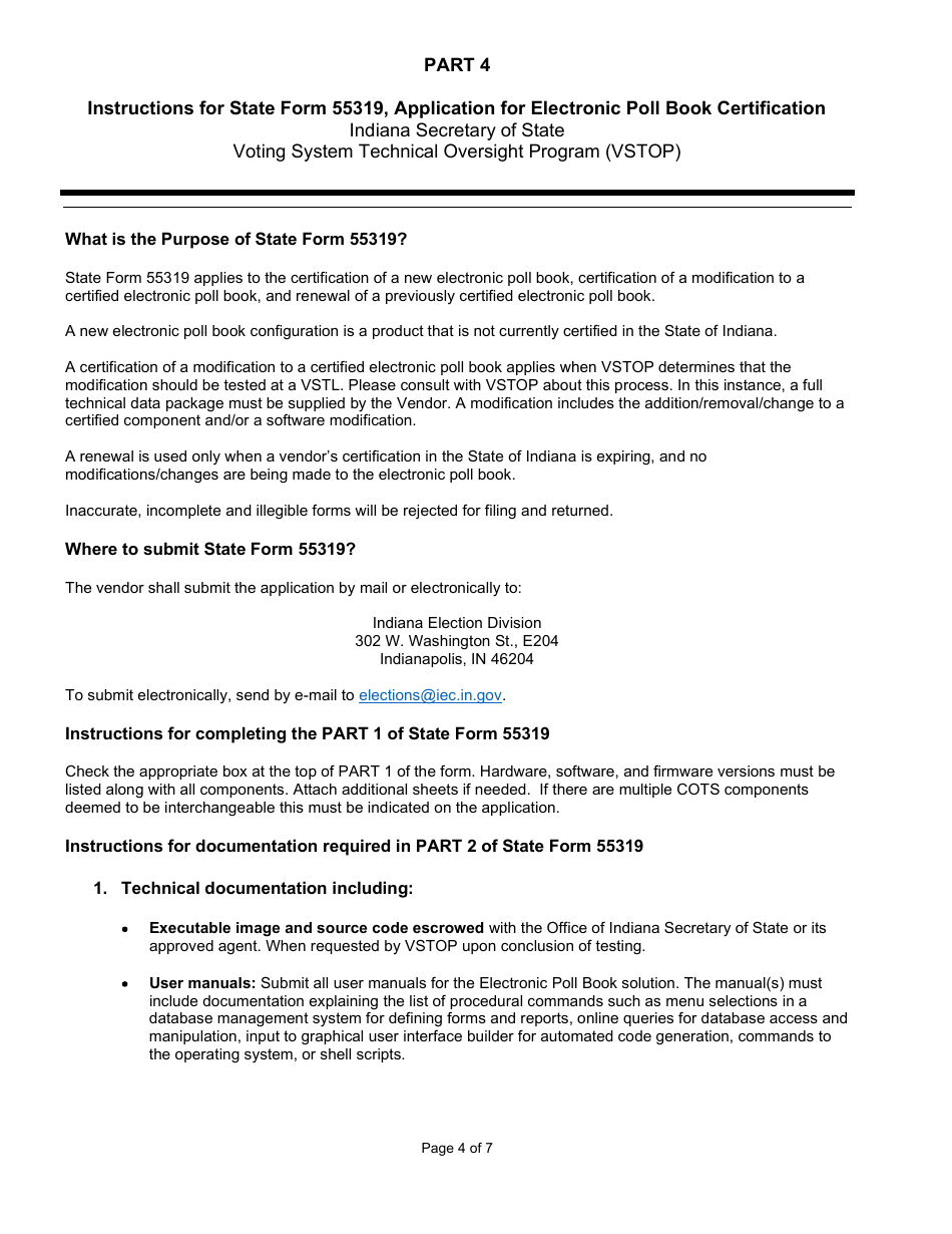 State Form 55319 Application for Electronic Poll Book Certification or Renewal of Certification - Indiana, Page 4