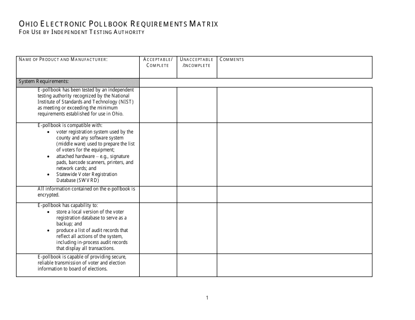 Ohio Electronic Pollbook Requirements Matrix for Use by Independent Testing Authority