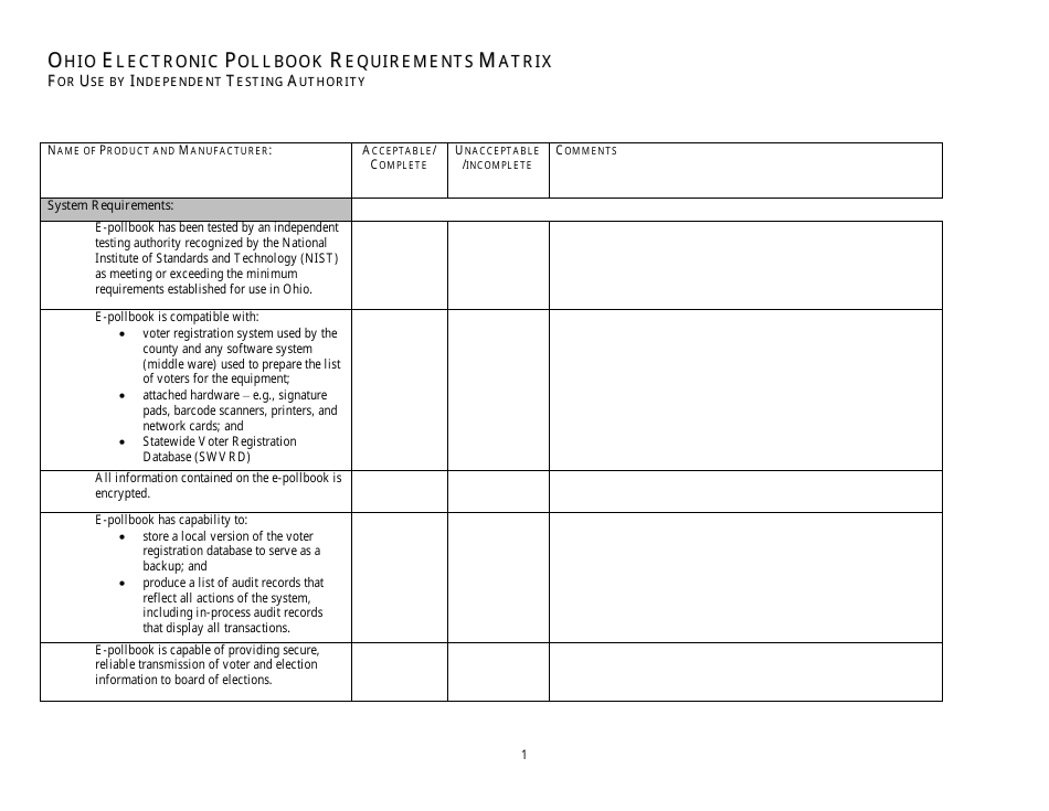 Ohio Electronic Pollbook Requirements Matrix for Use by Independent Testing Authority, Page 1