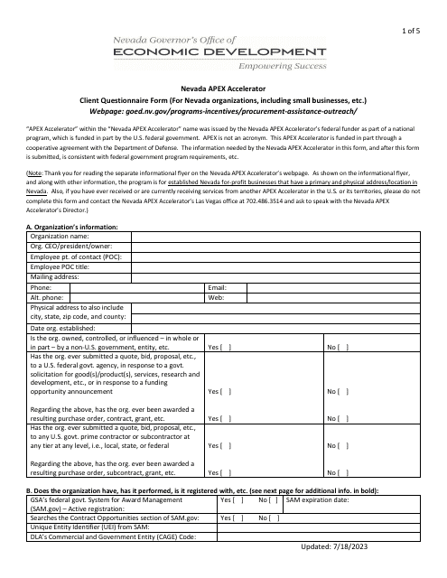 Nevada Apex Accelerator Client Questionnaire Form (For Nevada Organizations, Including Small Businesses, Etc.) - Nevada Download Pdf