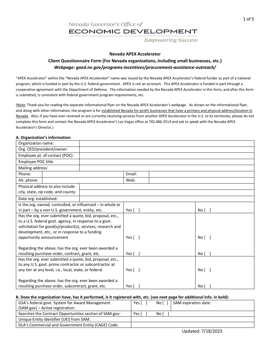Nevada Apex Accelerator Client Questionnaire Form (For Nevada Organizations, Including Small Businesses, Etc.) - Nevada, Page 1