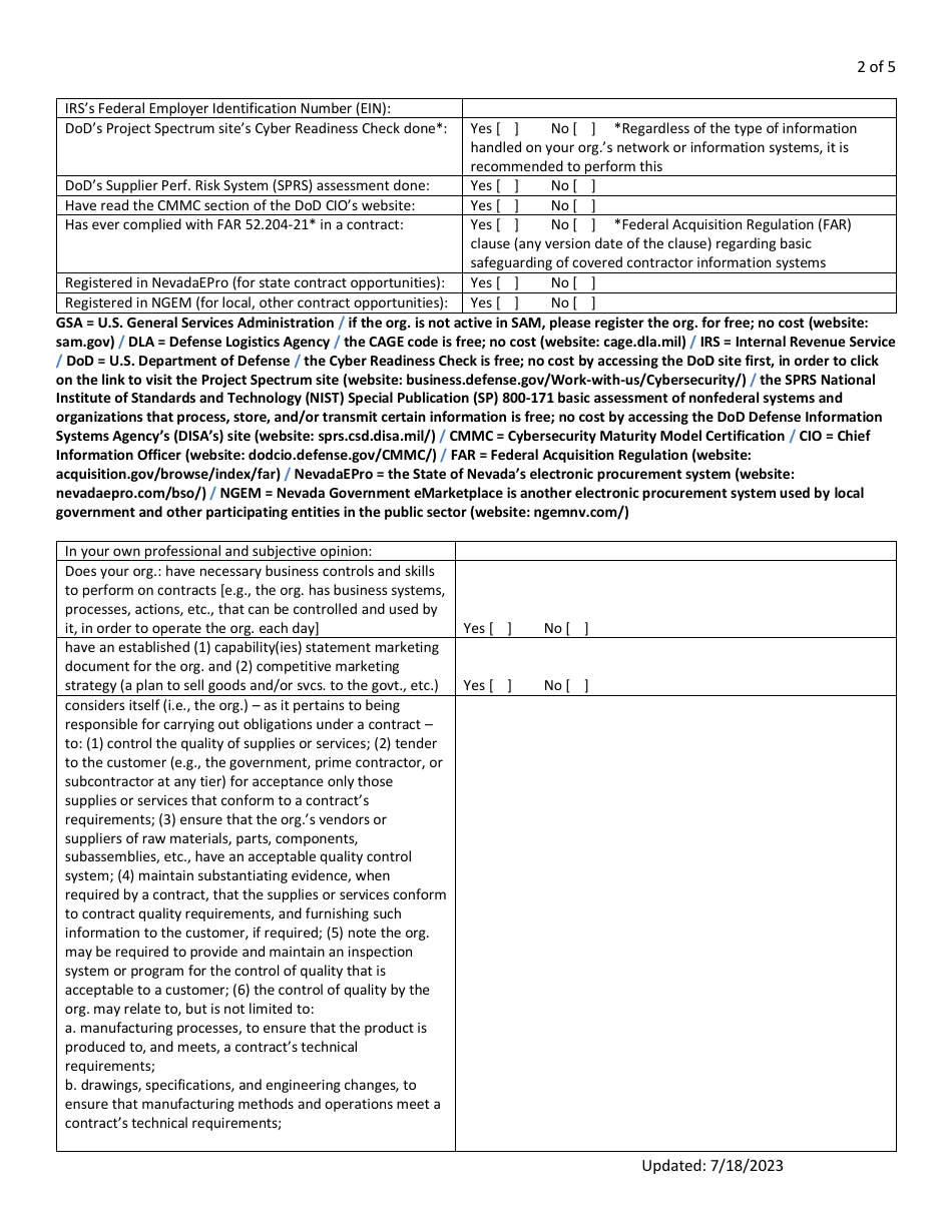 Nevada Apex Accelerator Client Questionnaire Form (For Nevada Organizations, Including Small Businesses, Etc.) - Nevada, Page 2