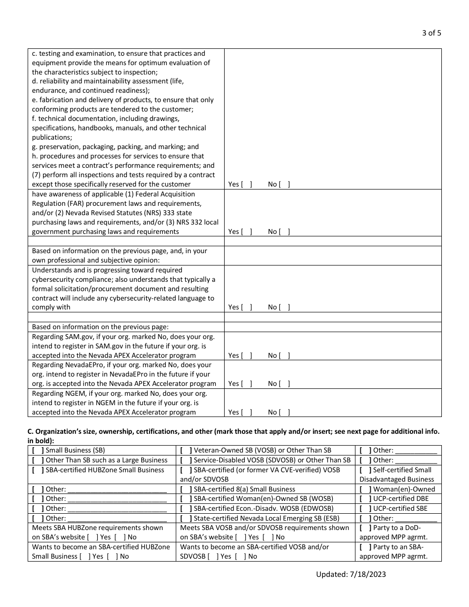Nevada Apex Accelerator Client Questionnaire Form (For Nevada Organizations, Including Small Businesses, Etc.) - Nevada, Page 3