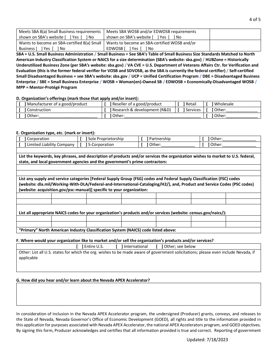 Nevada Apex Accelerator Client Questionnaire Form (For Nevada Organizations, Including Small Businesses, Etc.) - Nevada, Page 4
