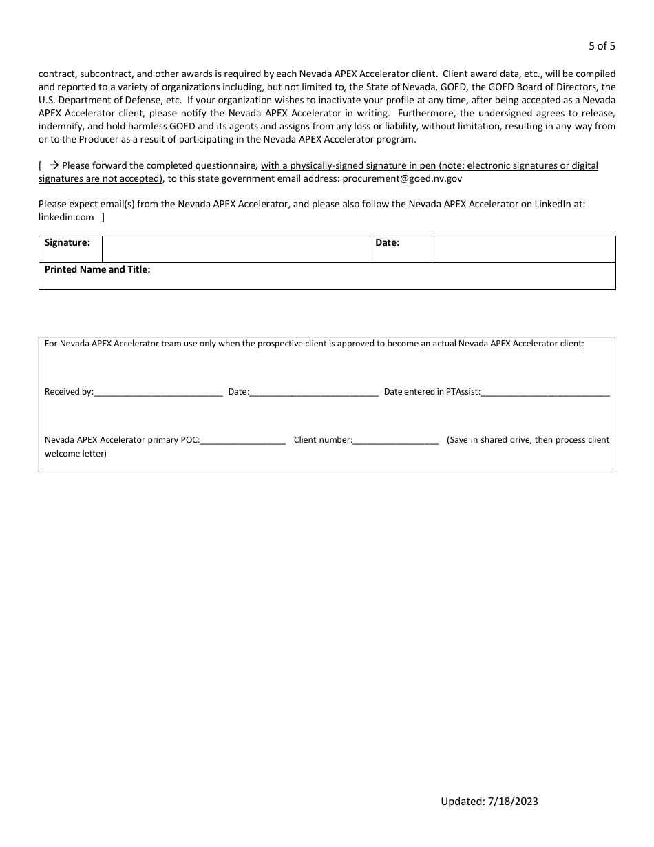 Nevada Apex Accelerator Client Questionnaire Form (For Nevada Organizations, Including Small Businesses, Etc.) - Nevada, Page 5