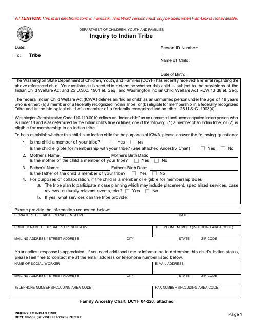 DCYF Form 09-539  Printable Pdf
