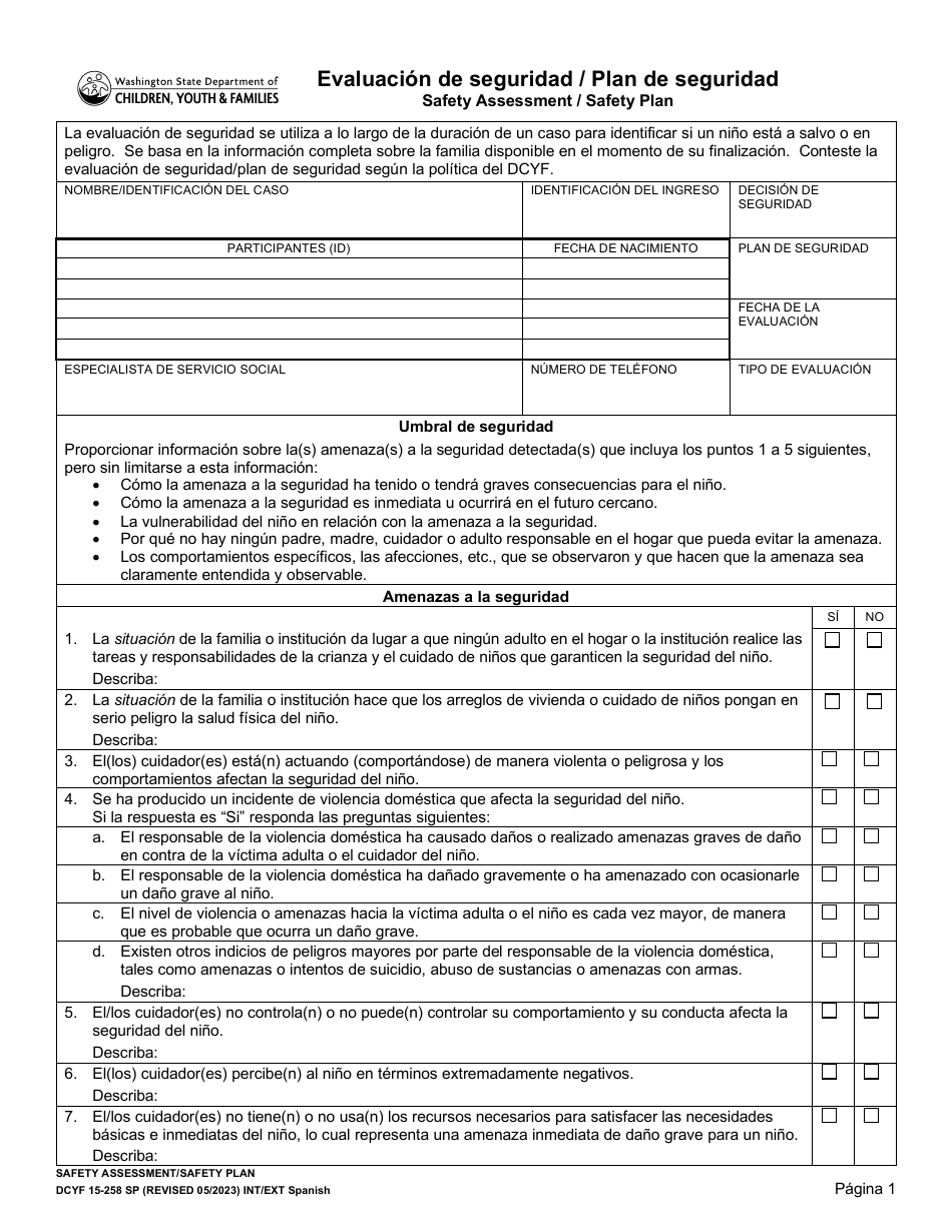 DCYF Formulario 15-258 Evaluacion De Seguridad / Plan De Seguridad - Washington (Spanish), Page 1