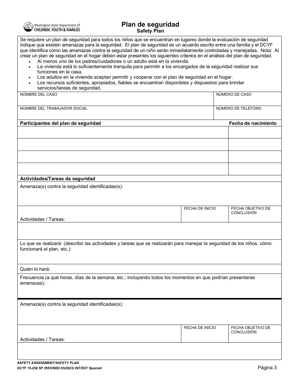 DCYF Formulario 15-258 Evaluacion De Seguridad / Plan De Seguridad - Washington (Spanish), Page 3