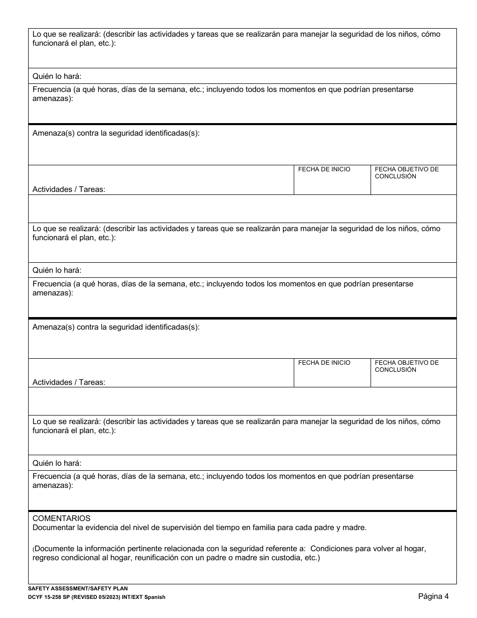 DCYF Formulario 15-258 Evaluacion De Seguridad / Plan De Seguridad - Washington (Spanish), Page 4