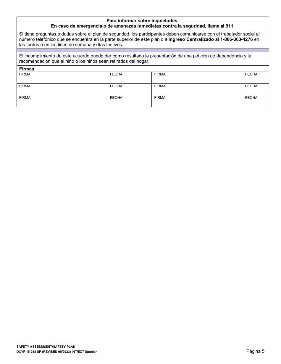 DCYF Formulario 15-258 Evaluacion De Seguridad / Plan De Seguridad - Washington (Spanish), Page 5