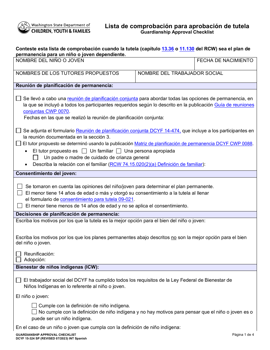 DCYF Formulario 15-324 Lista De Comprobacion Para Aprobacion De Tutela - Washington (Spanish), Page 1