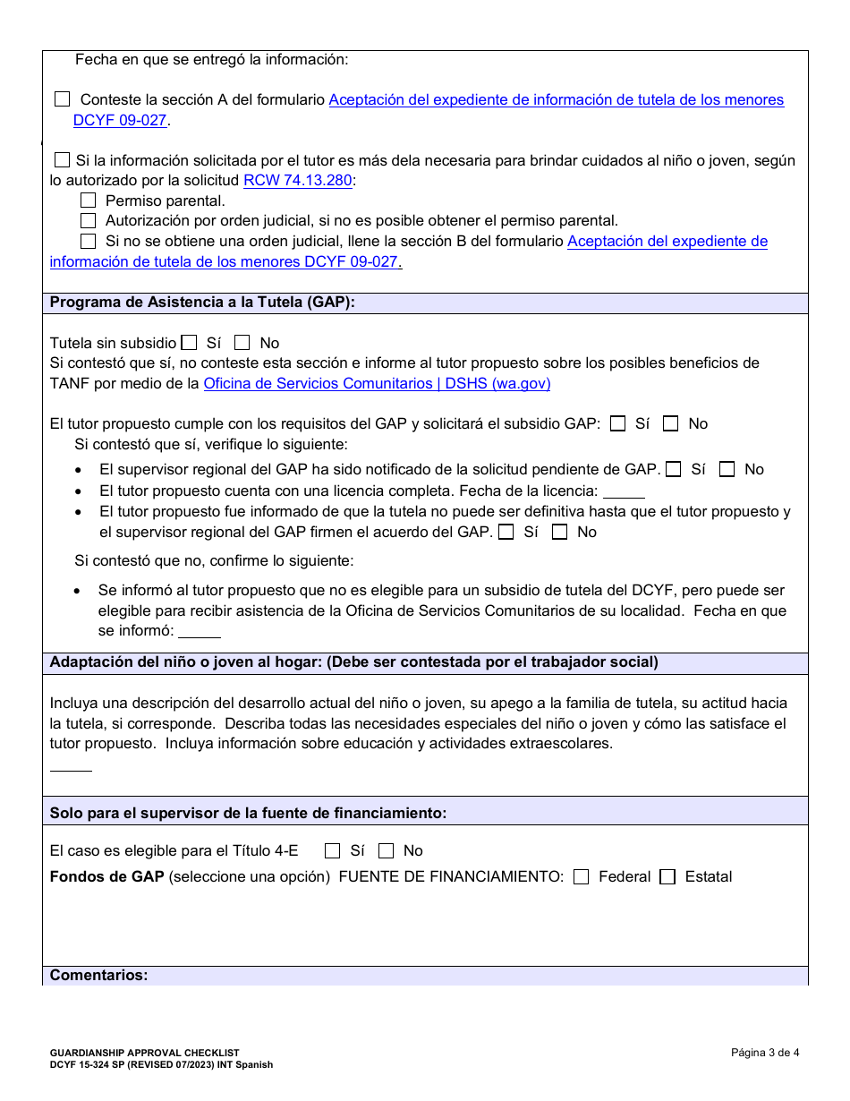 DCYF Formulario 15-324 Lista De Comprobacion Para Aprobacion De Tutela - Washington (Spanish), Page 3