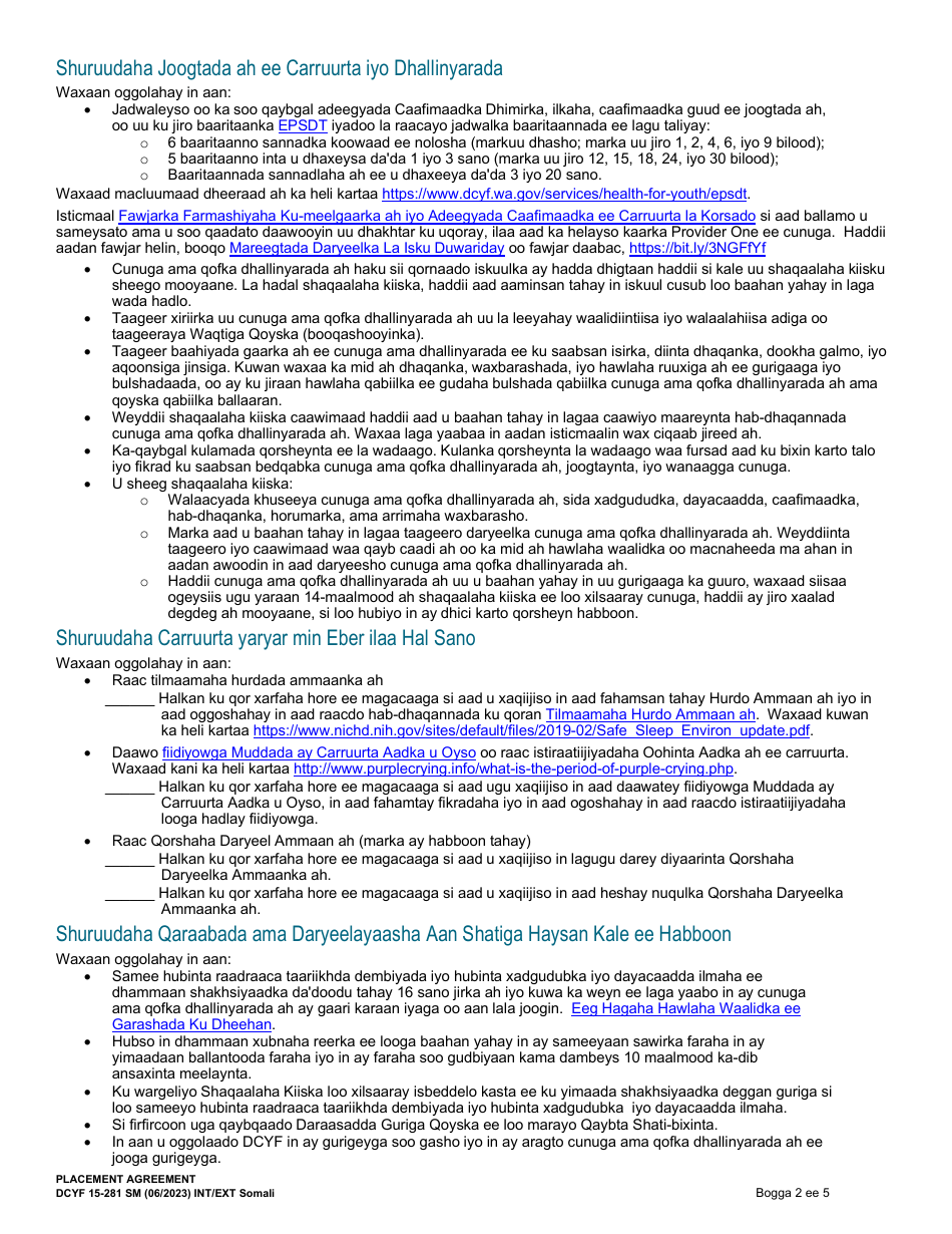 DCYF Form 15-281 Placement Agreement - Washington (Somali), Page 2
