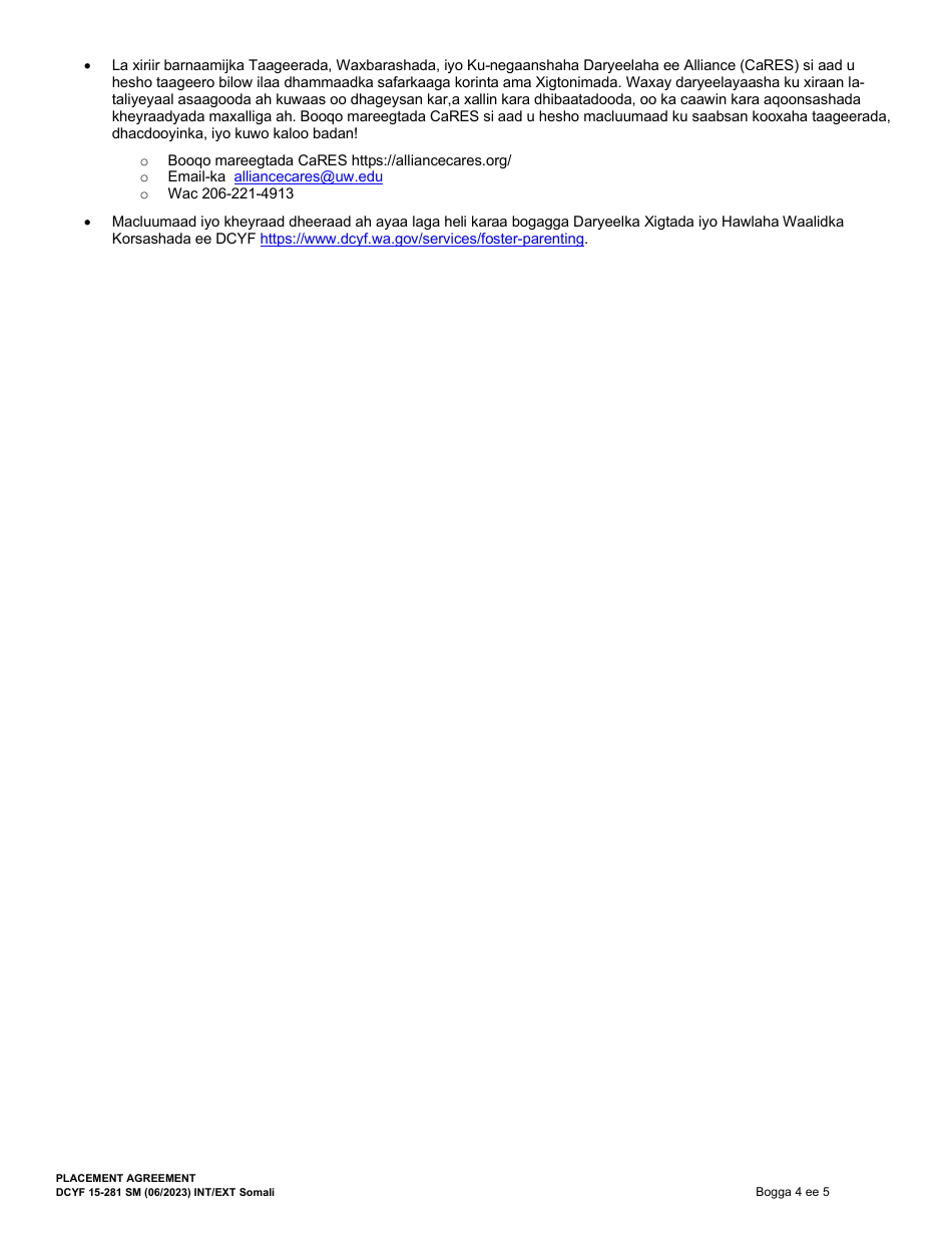 DCYF Form 15-281 Placement Agreement - Washington (Somali), Page 4