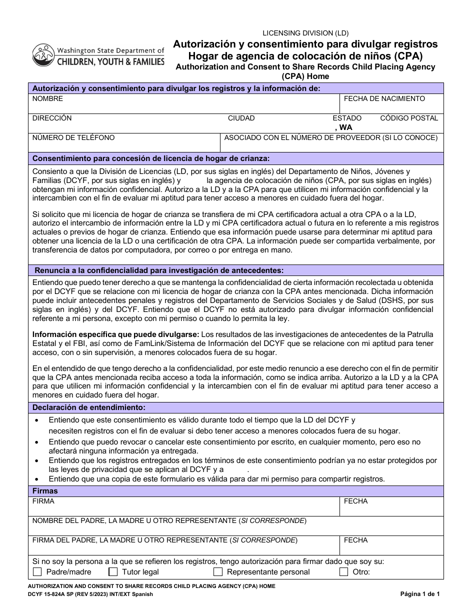 DCYF Formulario 15-824A Autorizacion Y Consentimiento Para Divulgar Registros Hogar De Agencia De Colocacion De Ninos (CPA) - Washington (Spanish), Page 1