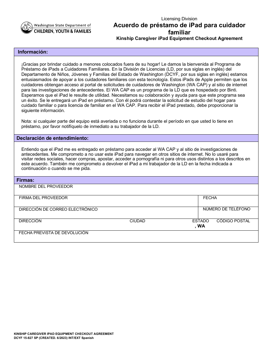 DCYF Formulario 15-827 Acuerdo De Prestamo De Ipad Para Cuidador Familiar - Washington (Spanish), Page 1