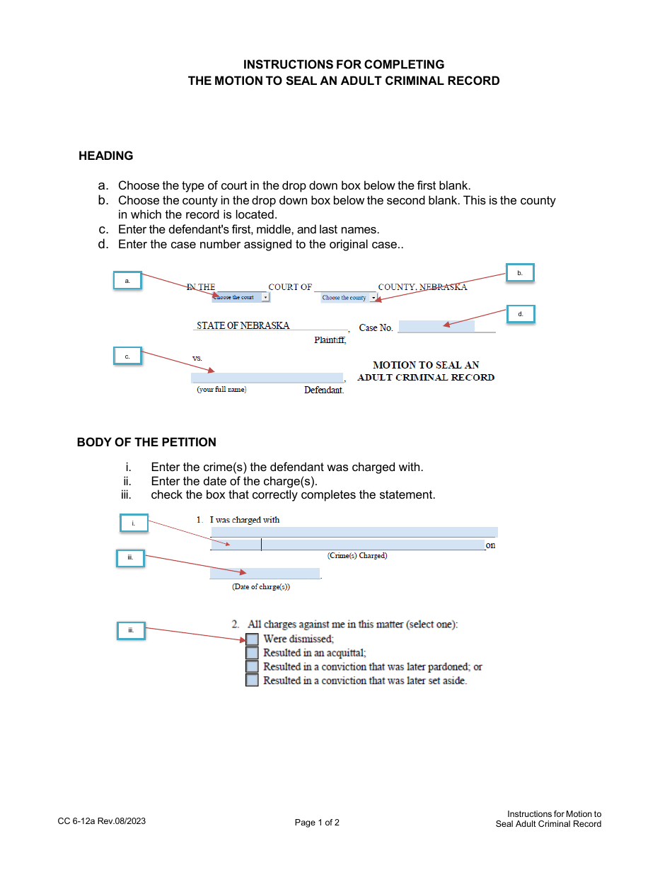 Instructions for Form CC6:12 Motion to Seal an Adult Criminal Record - Nebraska, Page 1