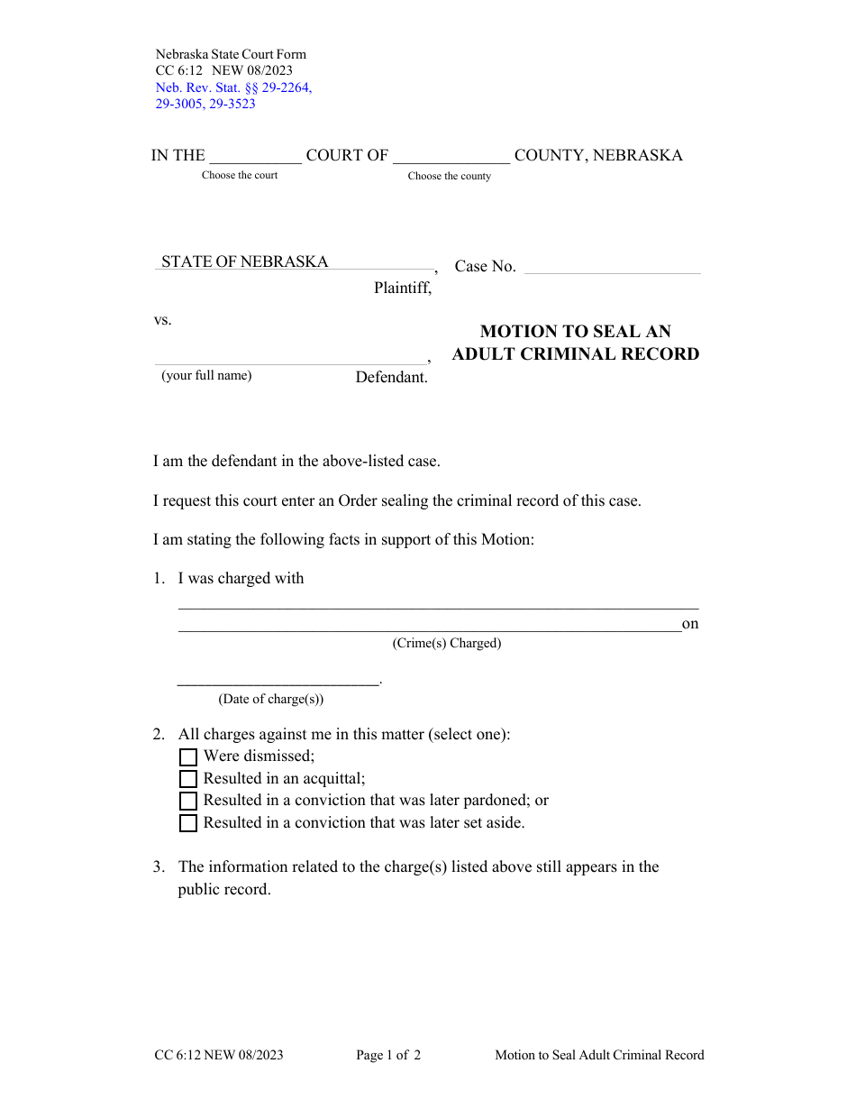 Form CC6:12 Motion to Seal an Adult Criminal Record - Nebraska, Page 1