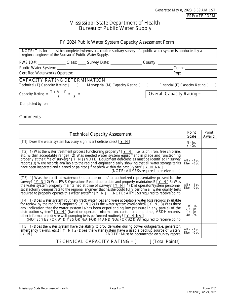 Form 1262 Public Water System Capacity Assessment Form for Private (For Profit) Water Systems - Mississippi, Page 1