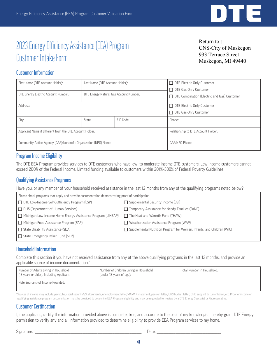 Customer Intake Form - Energy Efficiency Assistance (Eea) Program - City of Muskegon, Michigan, Page 1
