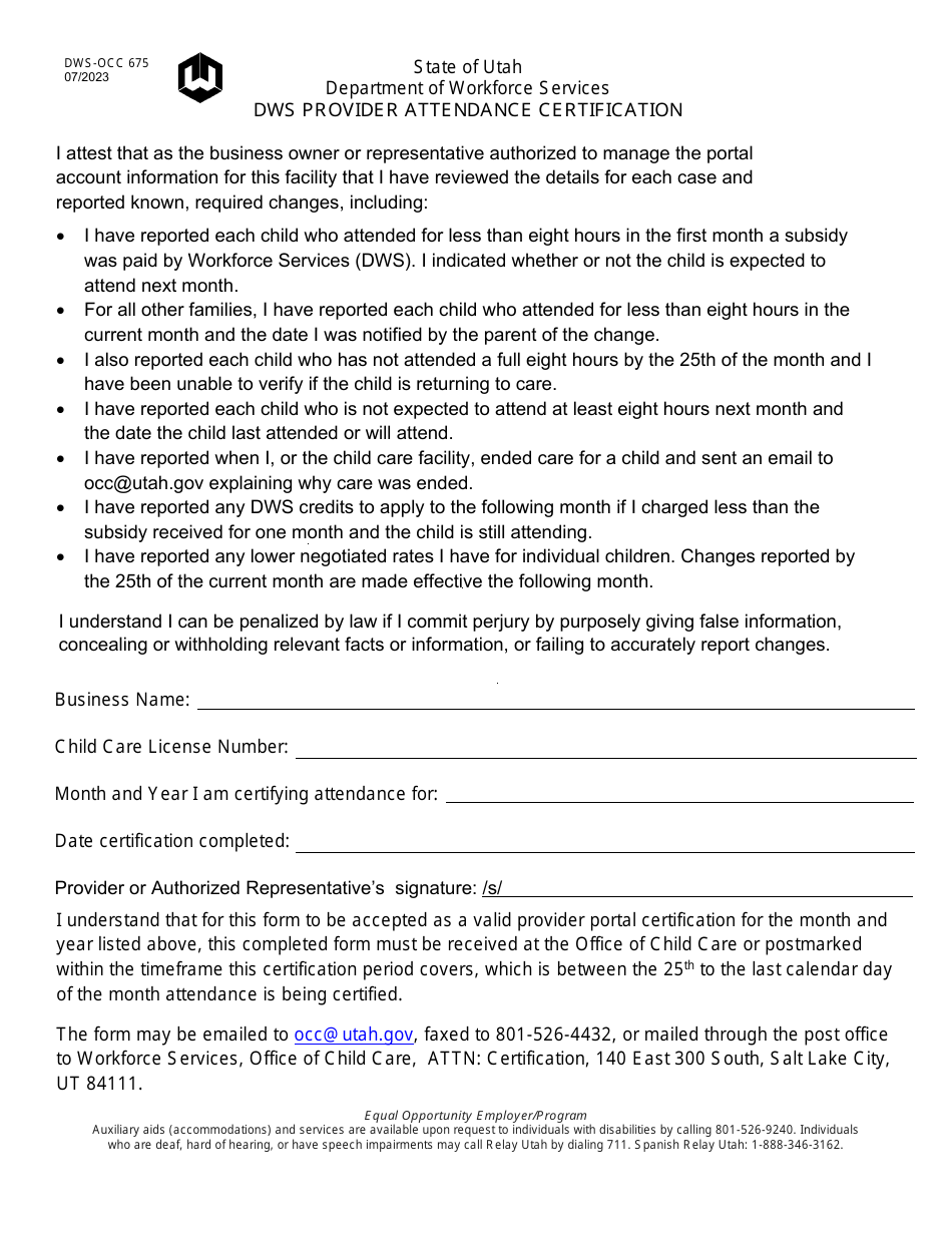 Form DWS-OCC675 Dws Provider Attendance Certification - Utah, Page 1