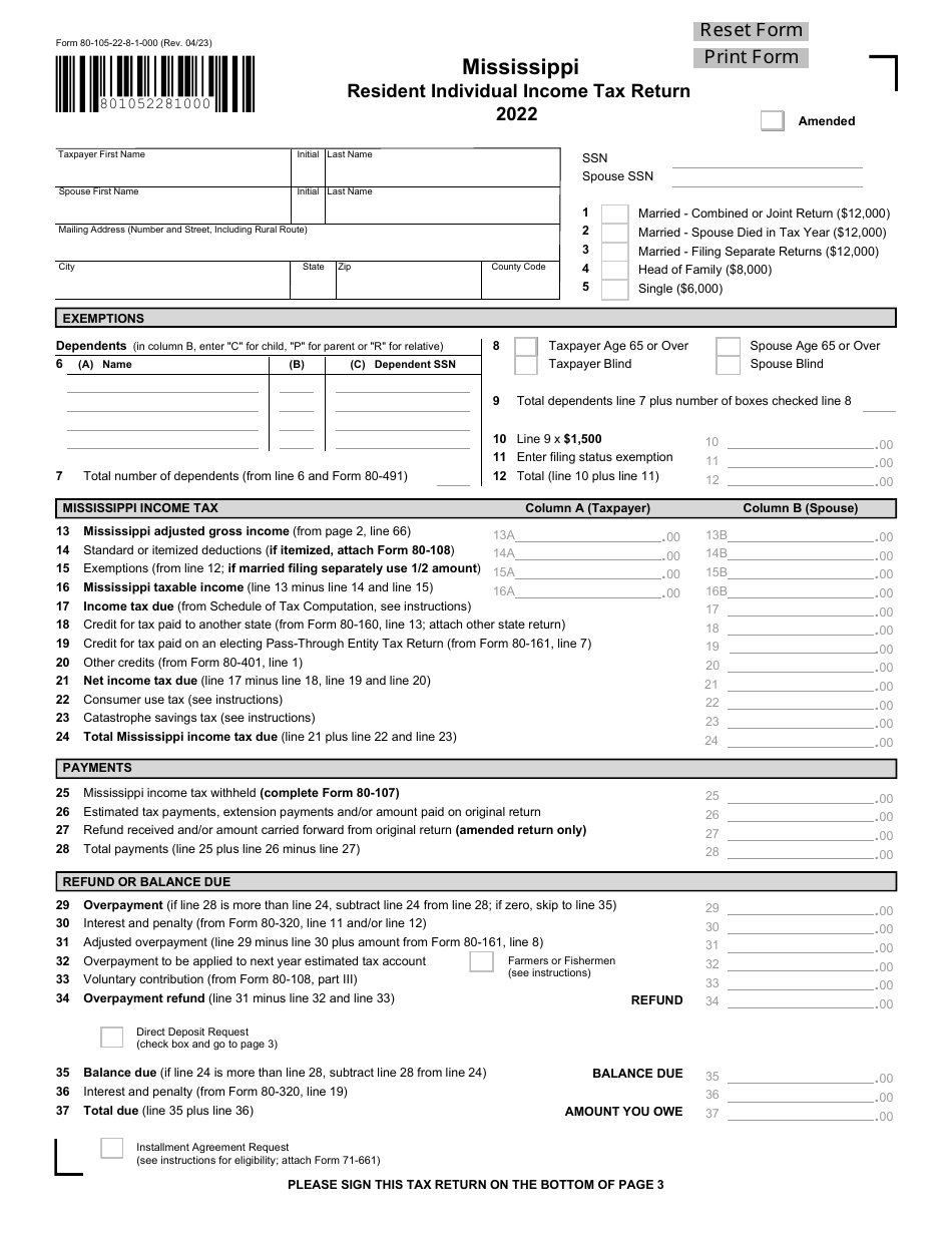 Form 80-105 Mississippi Resident Individual Income Tax Return - Mississippi, Page 1